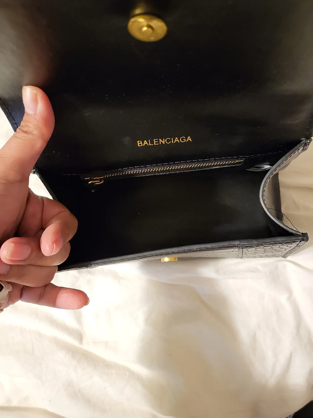 Balenciaga Hourglass Small Top Handle Bag in Black Croc Embossed
